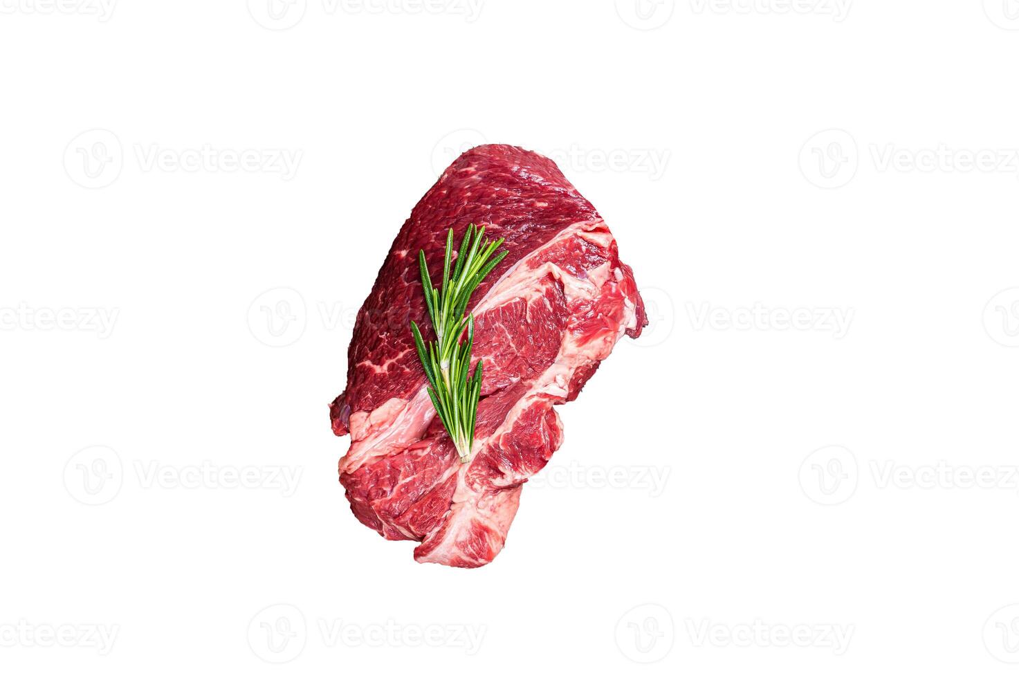 Raw Chuck eye roll Black Angus prime beef steak on butcher cleaver. High quality Isolate, white background. photo