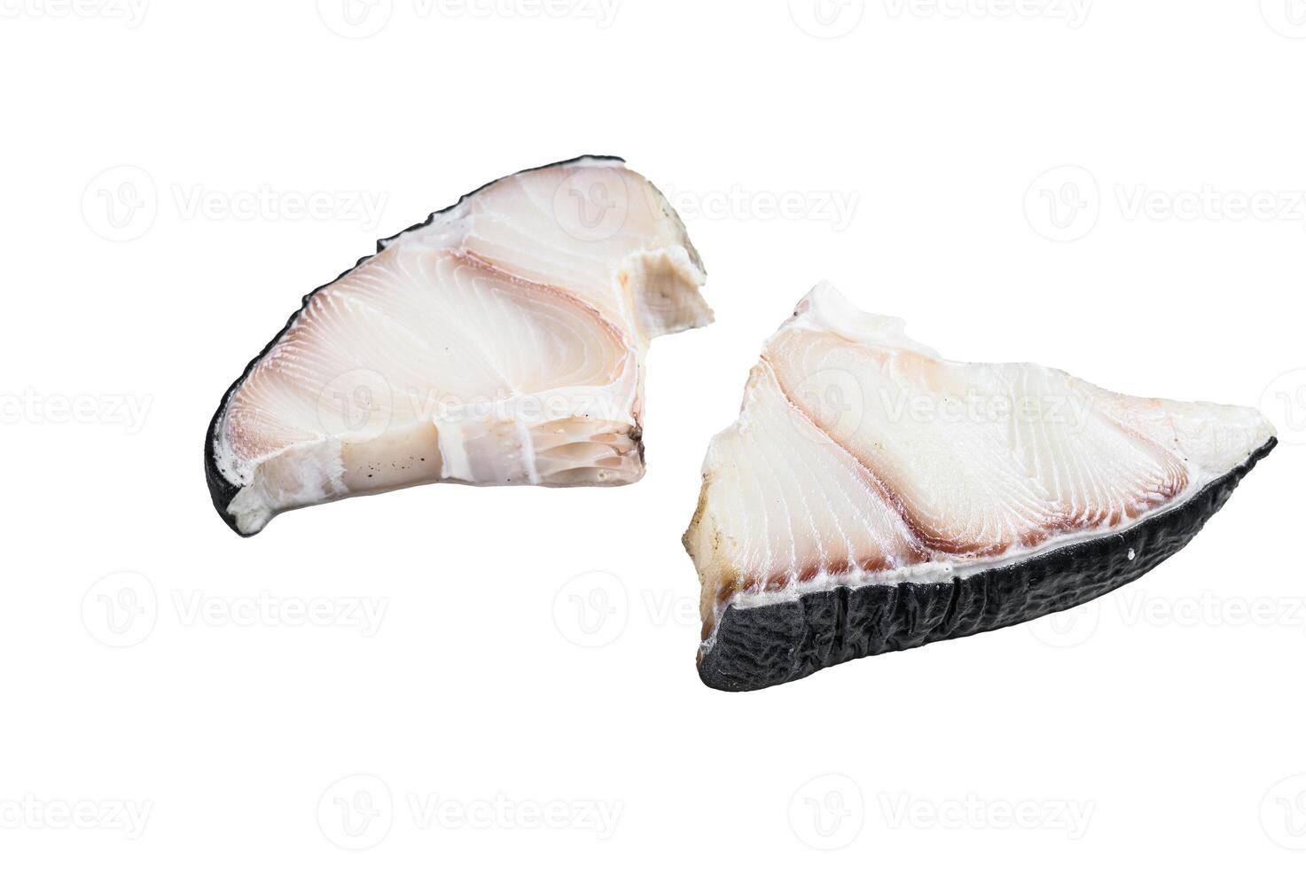 Raw Shark fish steaks on a kitchen table. Isolated on white background. photo