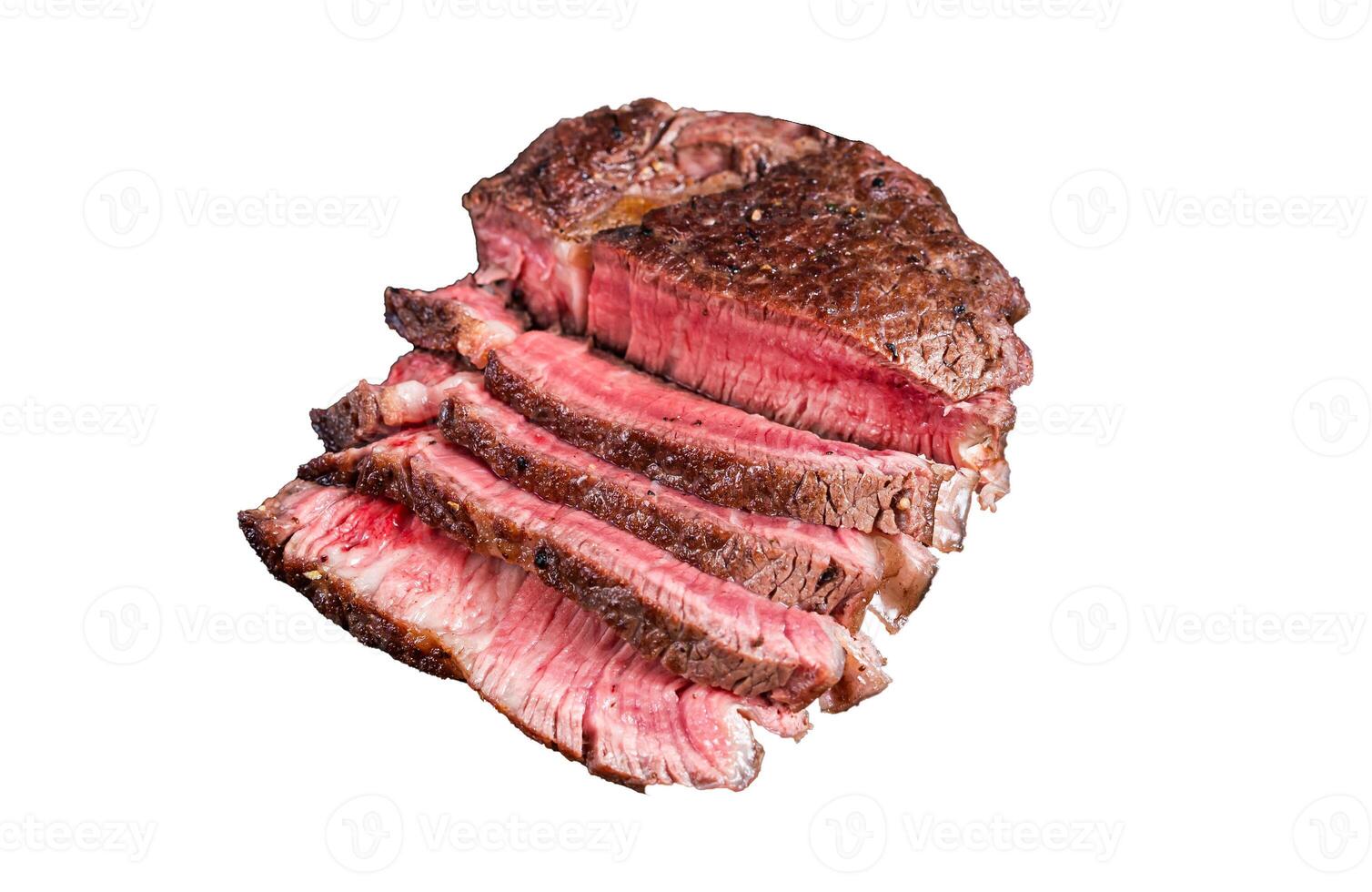 Fillet Mignon tenderloin Grilled and sliced meat beef steaks. Isolated on white background, top view. photo