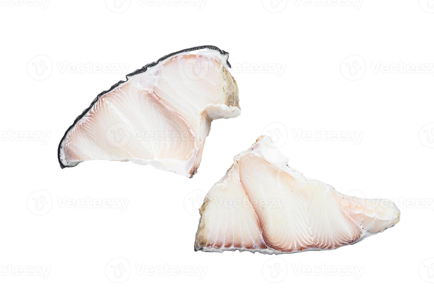Raw Shark fish steaks on a kitchen table. Isolated on white background. photo