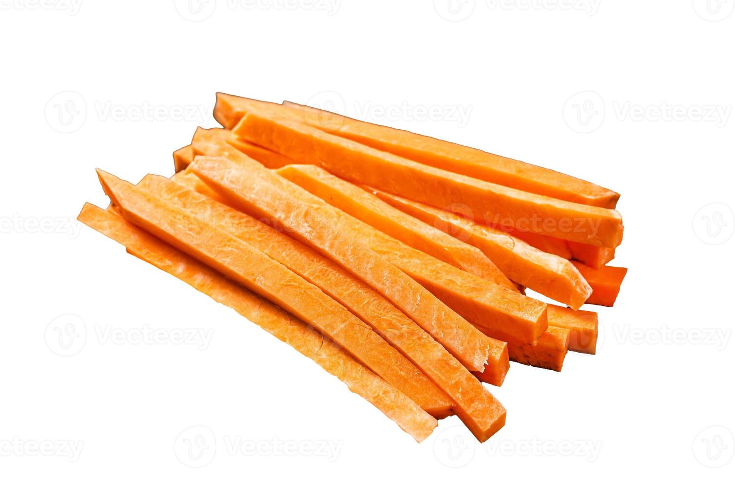Sliced Sweet potatoes in a steel tray, fresh batata fries ready for cooking. Isolated, white background. photo
