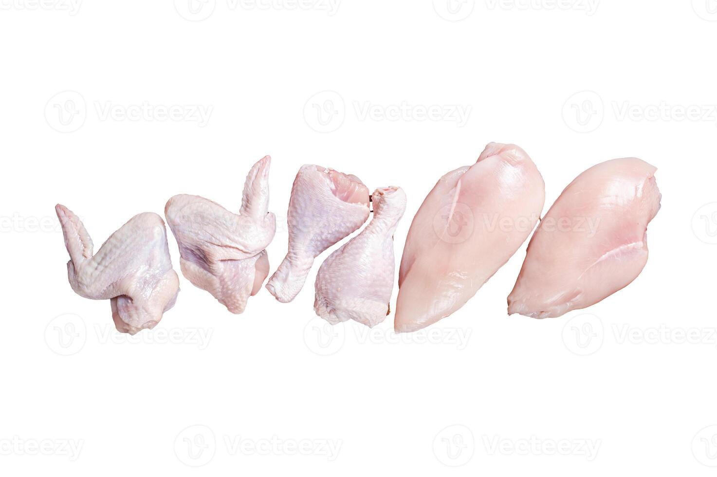 Chicken meat assortment. Raw parts - drumstick, breast fillet, wings, thigh. Isolated, white background. photo