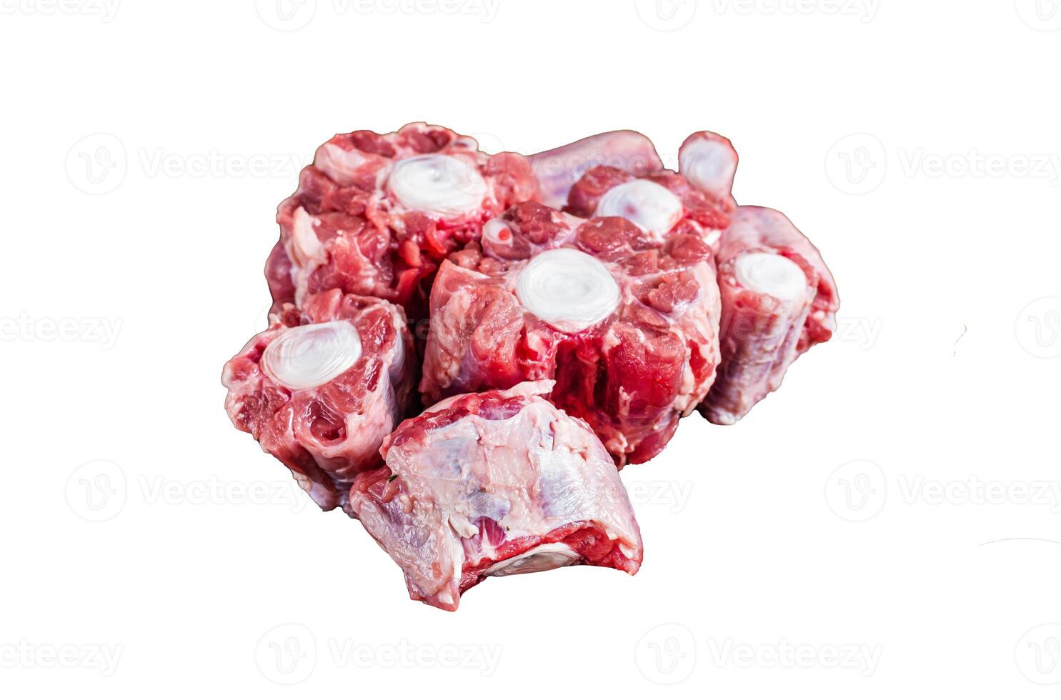 Raw beef Oxtail cut Meat on wooden cutting board with knife. Isolated on white background, top view. photo
