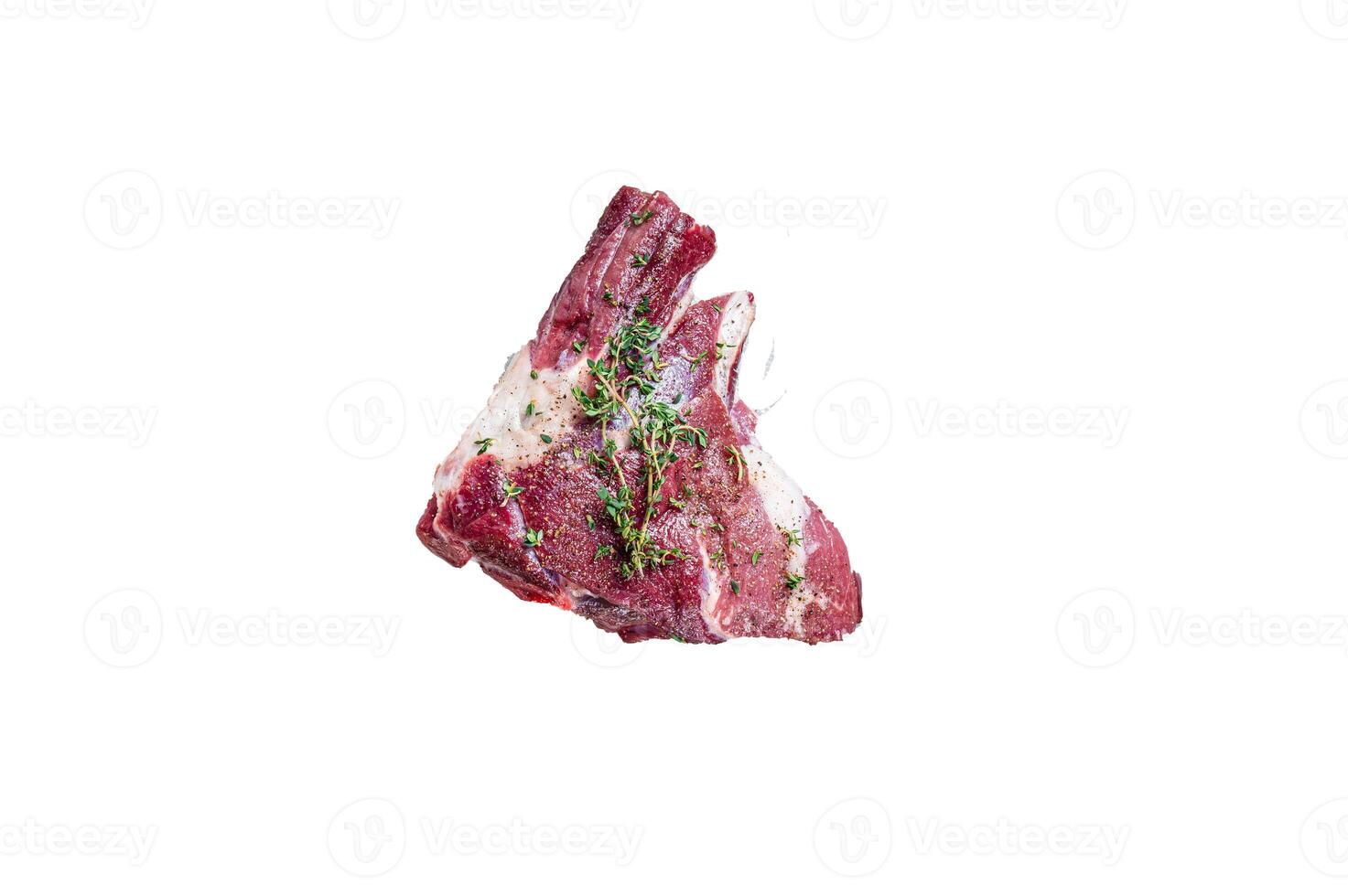 Cooking of Raw lamb mutton leg with thyme, pepper and olive oil in baking tray. High quality Isolate, white background. photo