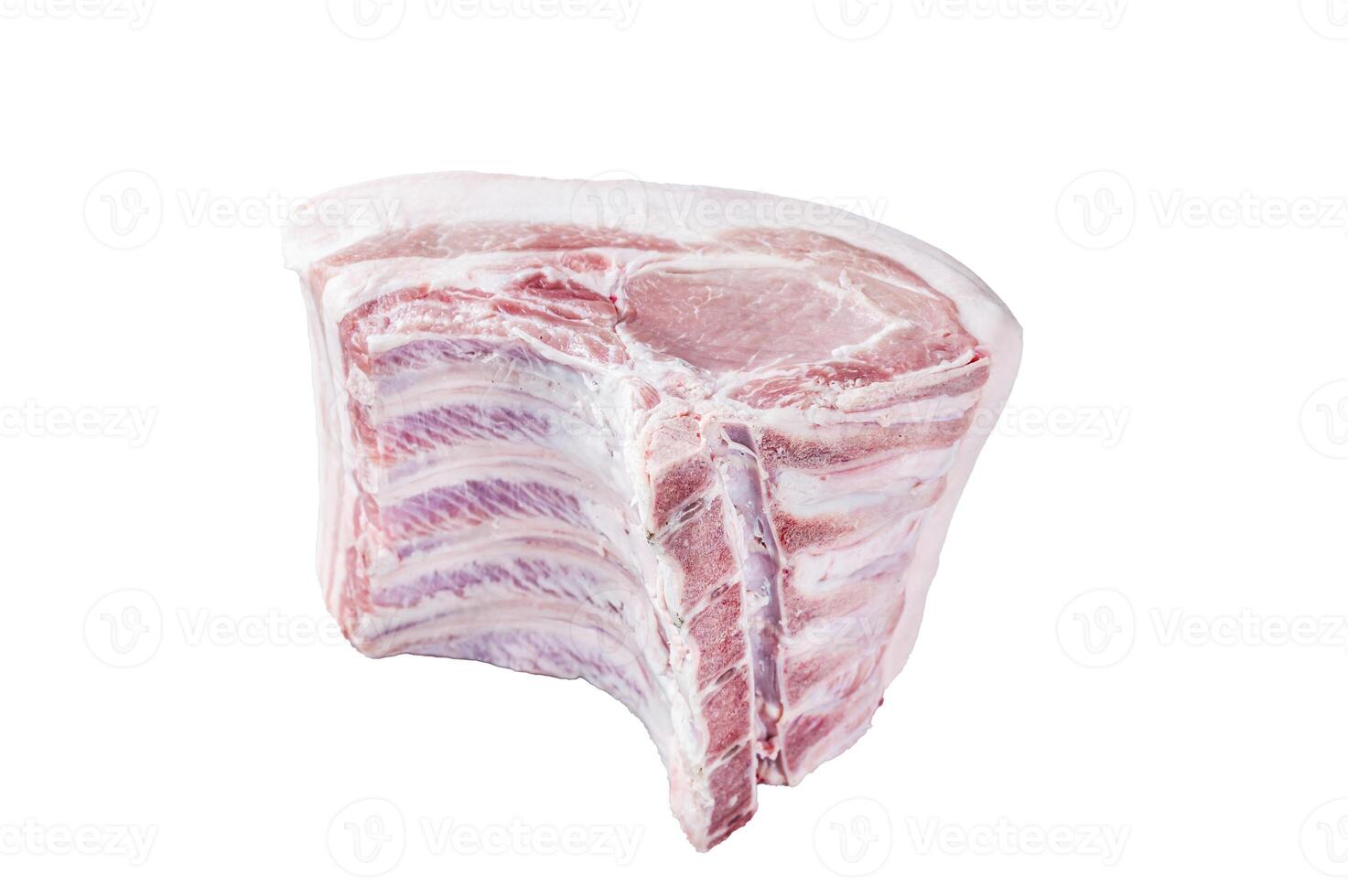 Raw whole rack of pork loin with ribs Isolated on white background, top view. photo