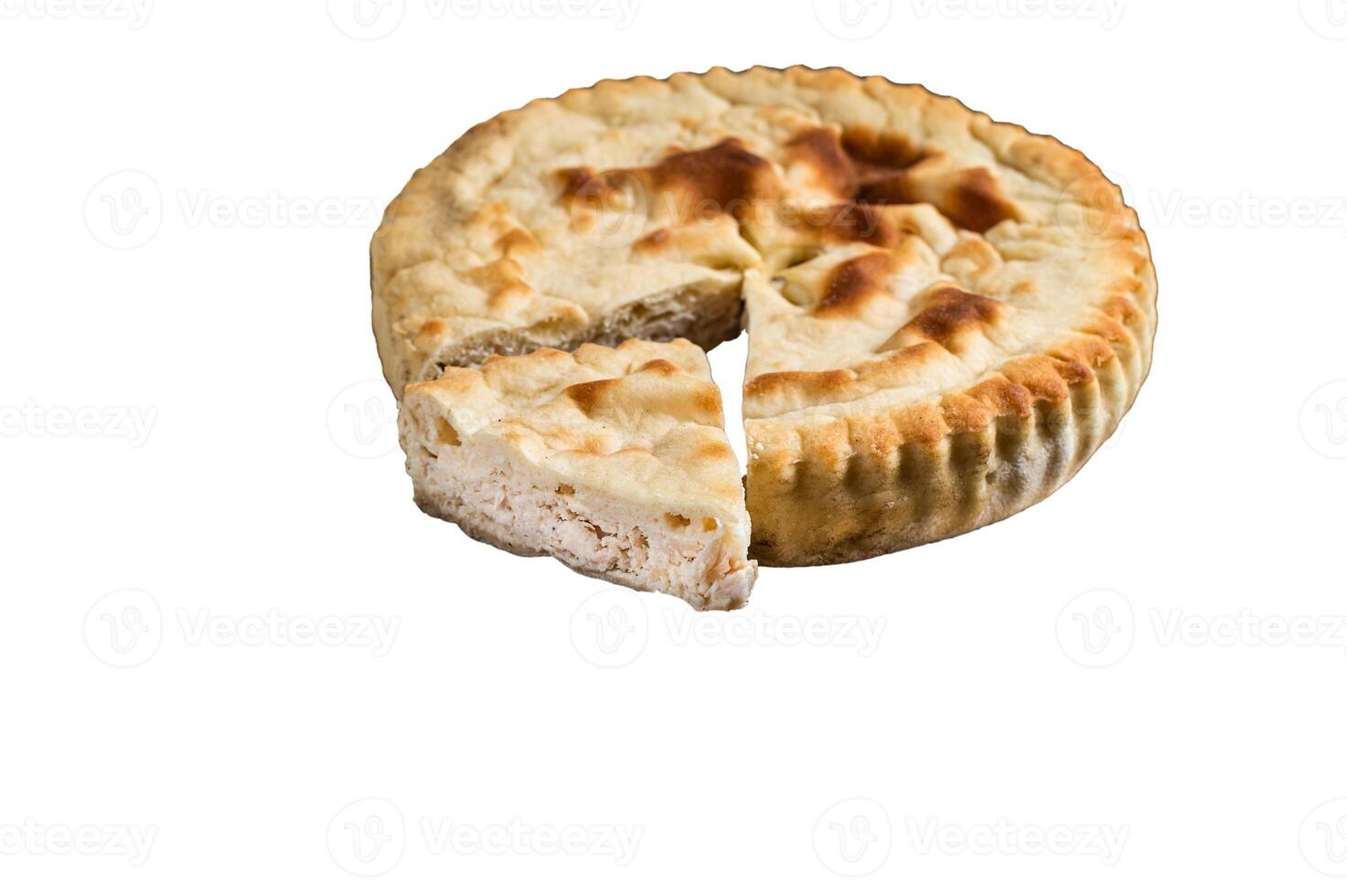 Meat pie Kubdari, Tasty Georgian Flat Bread Stuffed with meat. Isolated on white background. photo