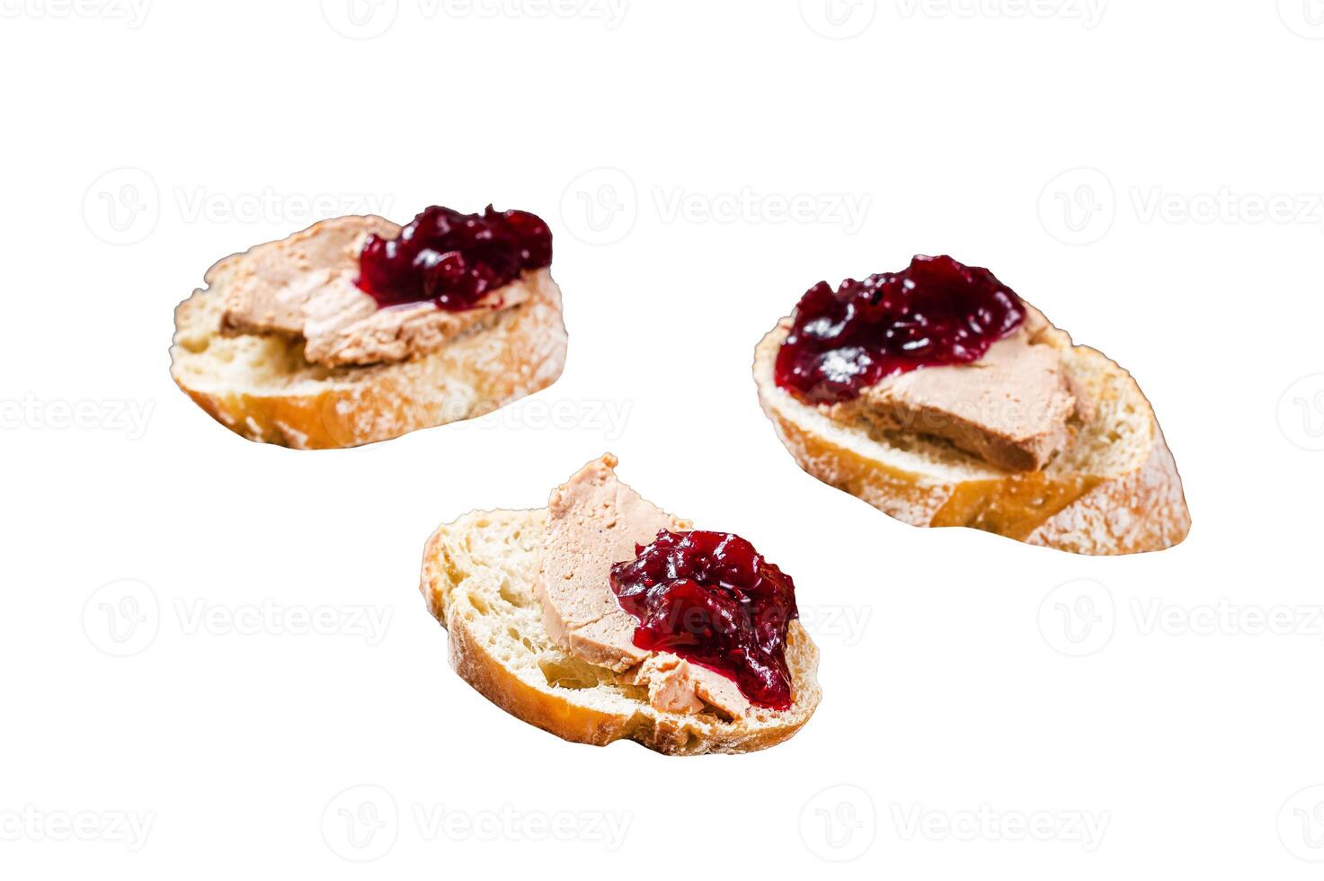 French cuisine Foie gras toasts, goose liver pate and lingonberry marmalade. Isolated on white background, top view. photo