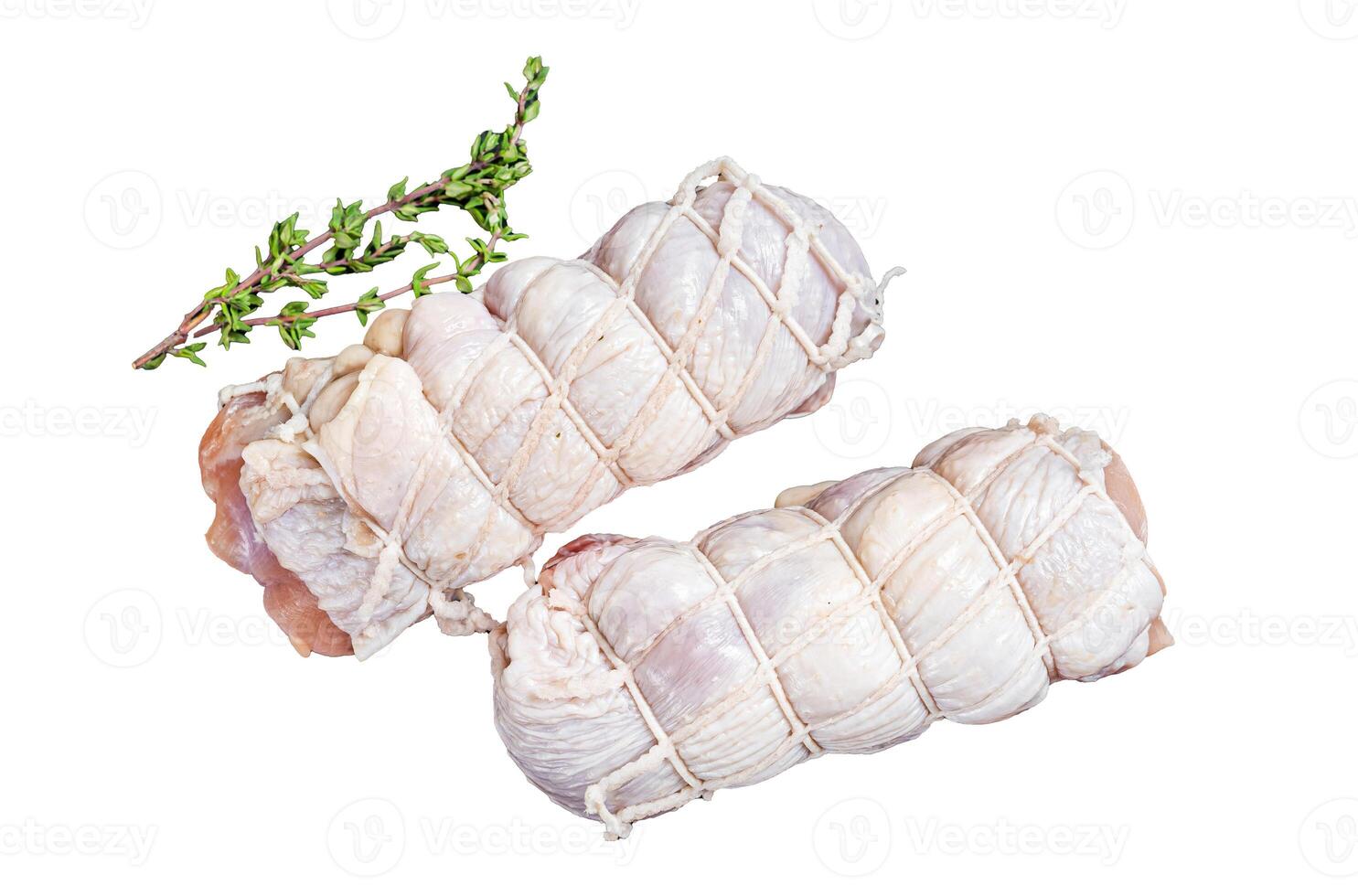 Cooking raw chicken rolls stuffed with cheese and ham. Isolated, white background. photo