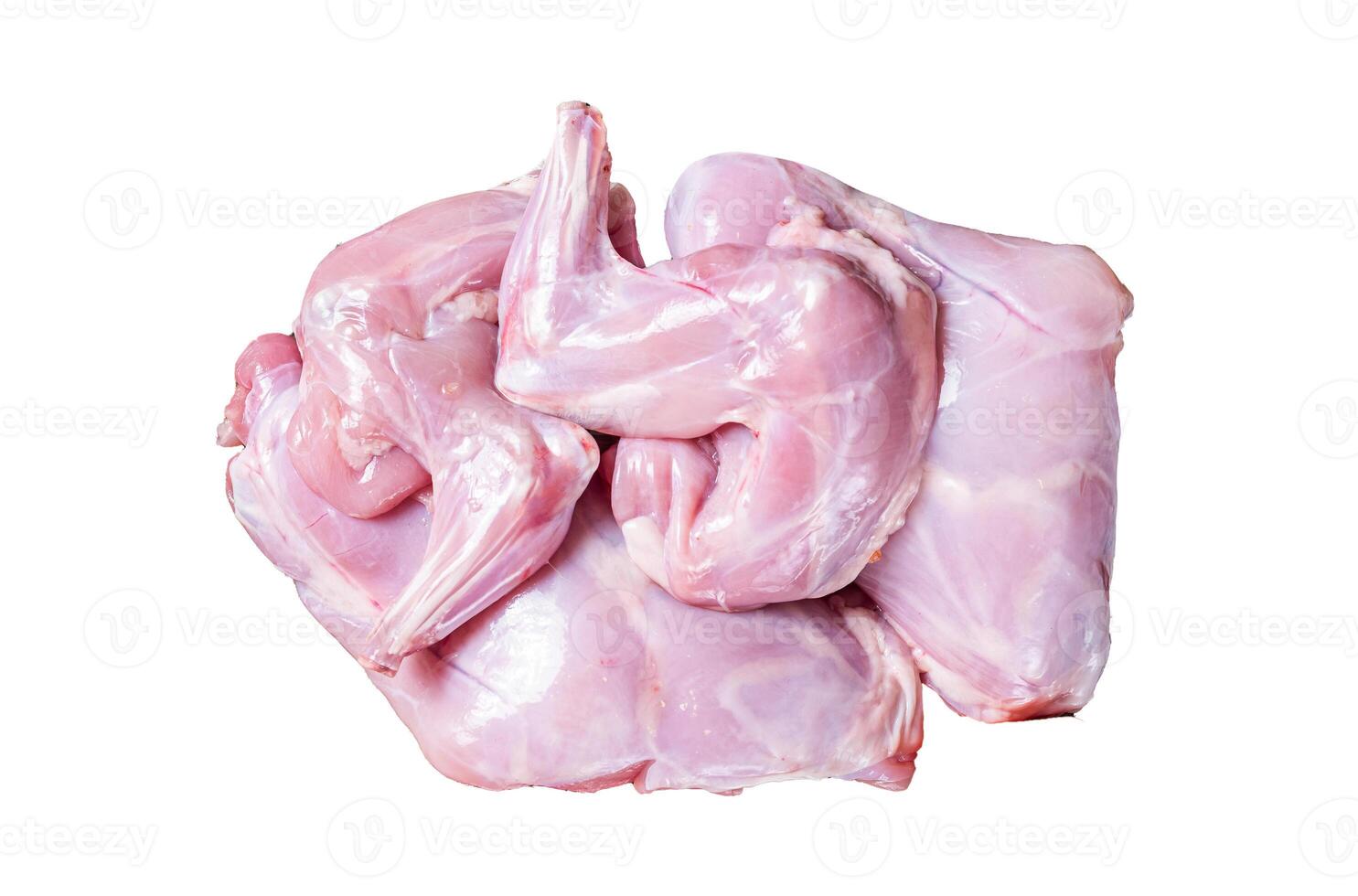 Raw hare legs on a butcher board with thyme. Isolated on white background, top view. photo