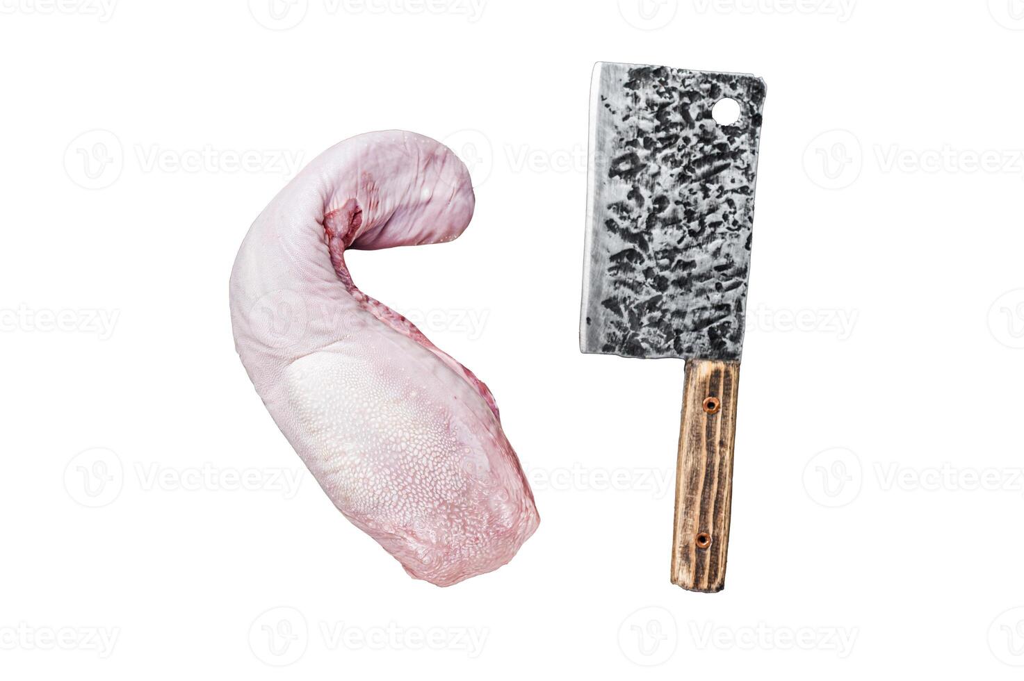 Uncooked Raw beef or veal tongue on butcher board with meat cleaver. Isolated on white background. photo