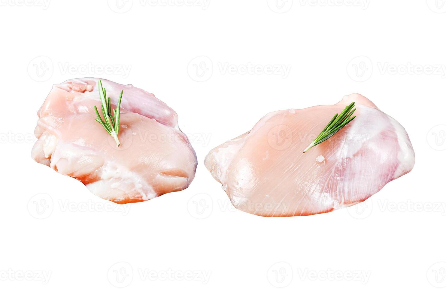 Raw chicken thigh fillet without skin. Farm poultry meat. Isolated on white background. Top view. photo