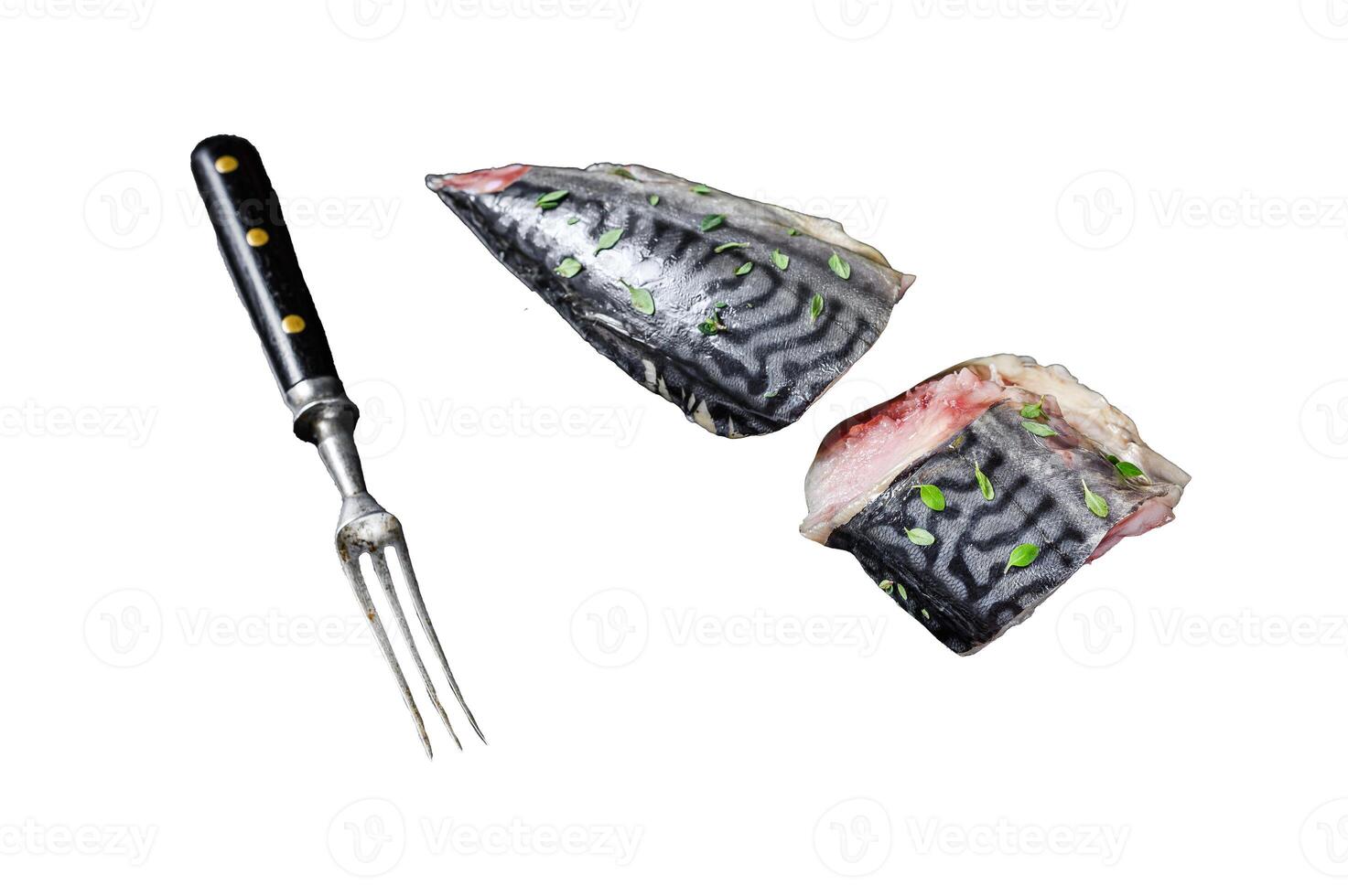 Cold smoked mackerel fish with herbs. Isolated on white background, top view. photo