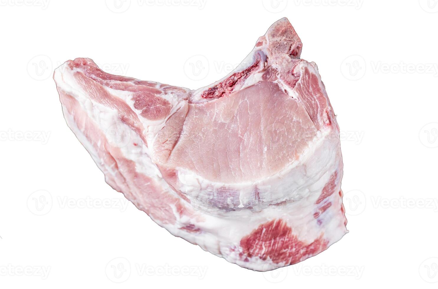 Raw rack of pork loin chops with ribs Isolated on white background, top view. photo