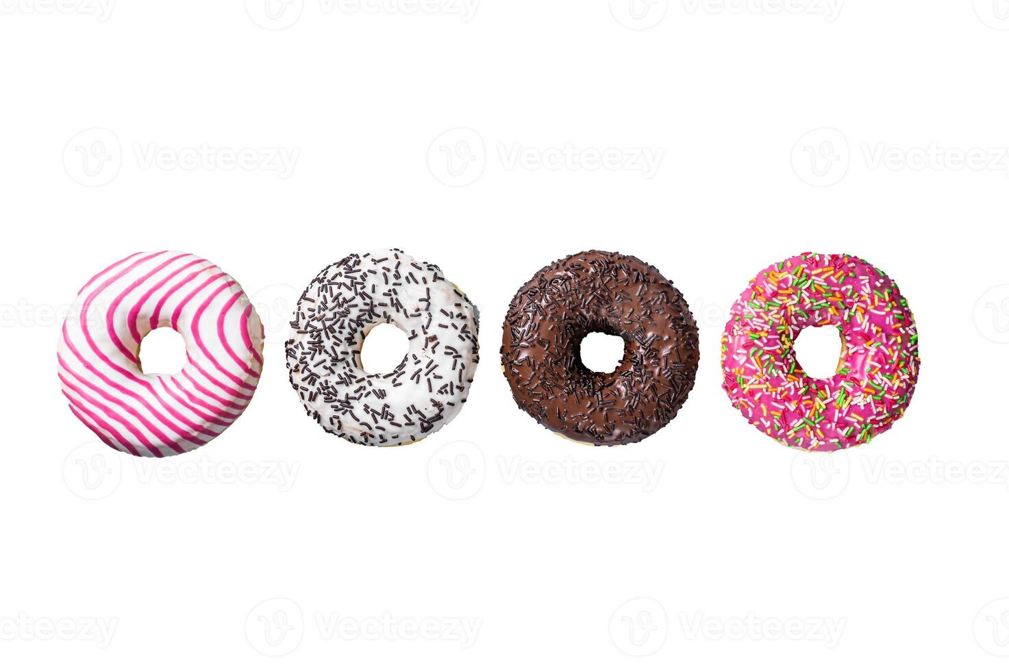 Assorted glazed donuts on a kitchen table. Isolated on white background. photo