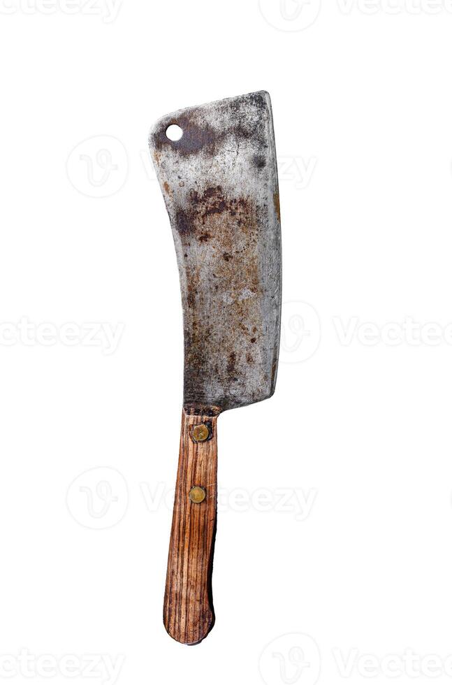 Vintage butcher cleaver with wooden handle. Isolated on white background. Top view. photo