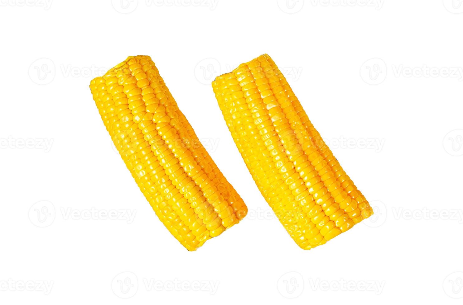 Boiled sweet corn on the cob. Isolated on white background. Top view. photo