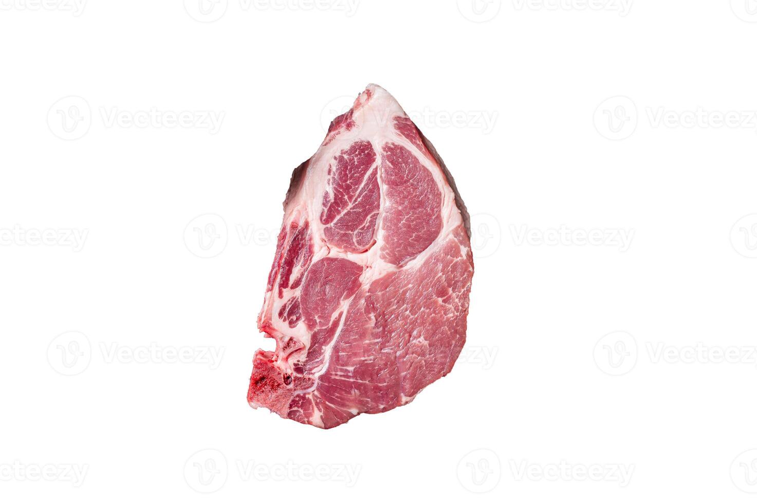 Pork neck steak from raw meat on marble board with herbs. High quality Isolate, white background. photo