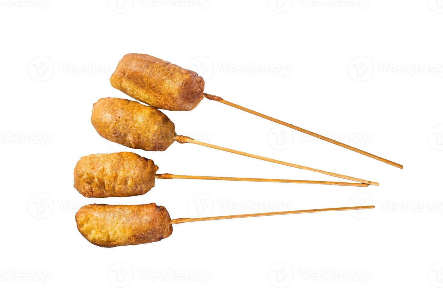 Homemade deep fried corn dogs. Isolated, white background. photo