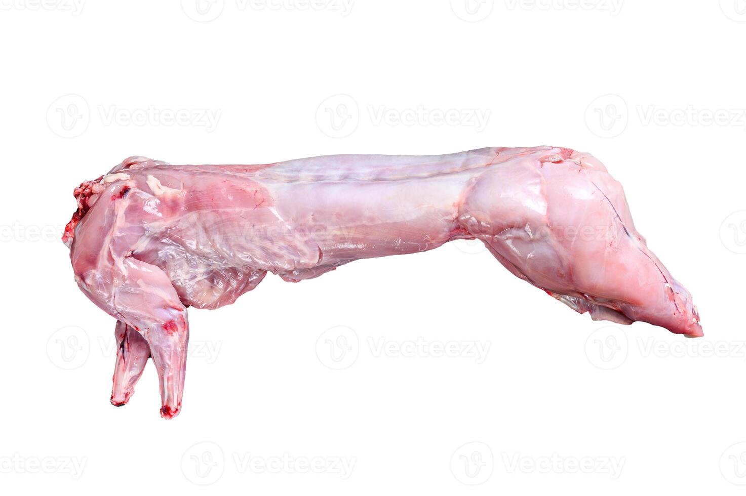 Raw hare meat with spices for cooking. Isolated on white background. photo