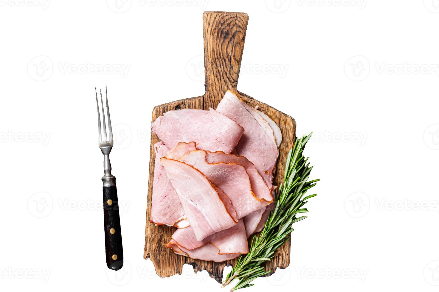 Pork ham slices on cutting board, Italian Prosciutto cotto. Isolated on white background, top view. photo