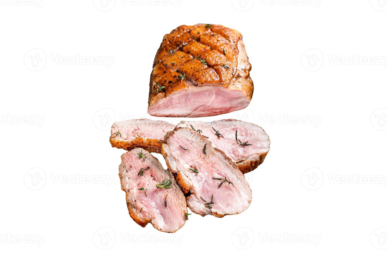 Sliced Duck breast fiilet, roasted steak with sauce. Isolated on white background, top view. photo