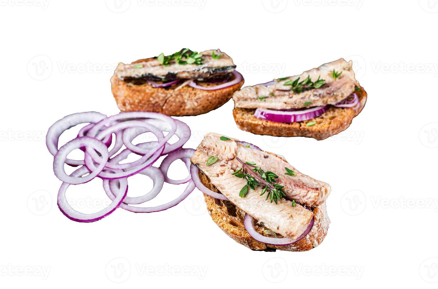 Toasts with sardine, cream cheese and onion. Isolated on white background, top view. photo