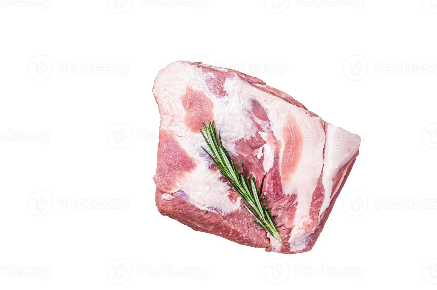 Pork Neck raw meat piece on wooden cutting board. High quality Isolate, white background. photo