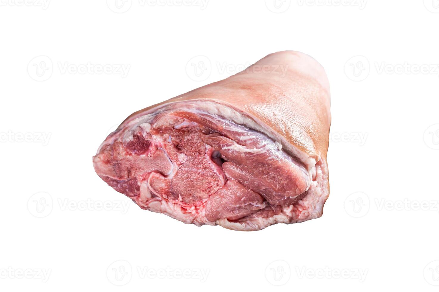 Uncooked Raw pork ham hocks, shanks on a wooden board with spices. Isolated on white background photo
