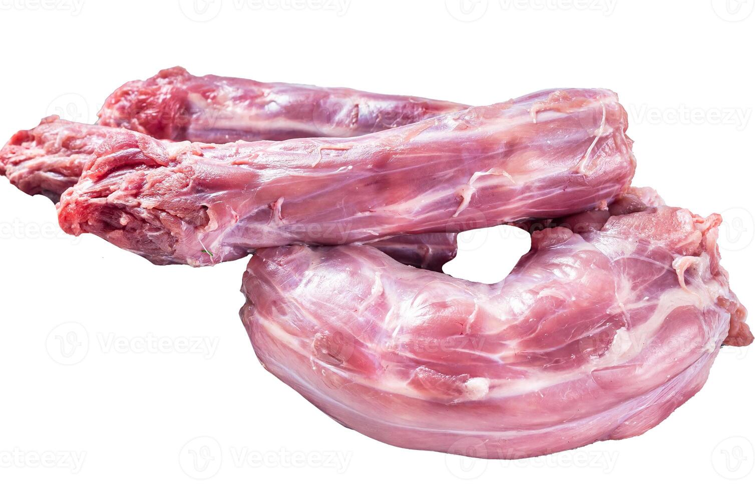 Raw Turkey or chicken necks meat on a wooden board with thyme. Isolated, white background. photo