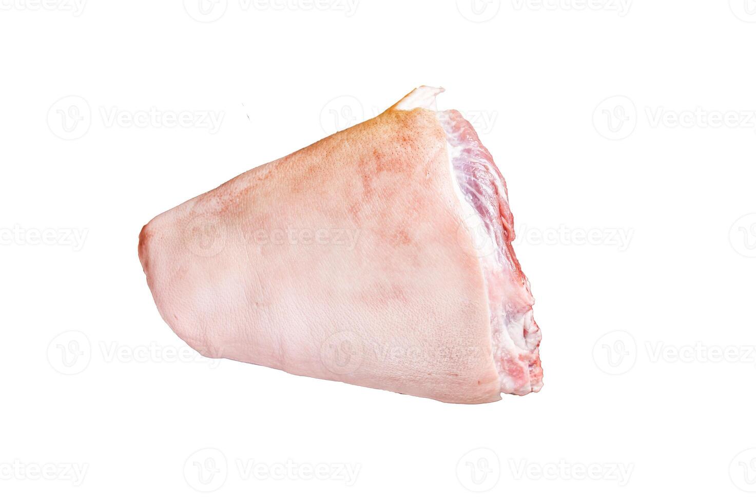 Fresh Raw pork shank knuckle on a butcher board with herbs for cooking. Isolated, white background. photo