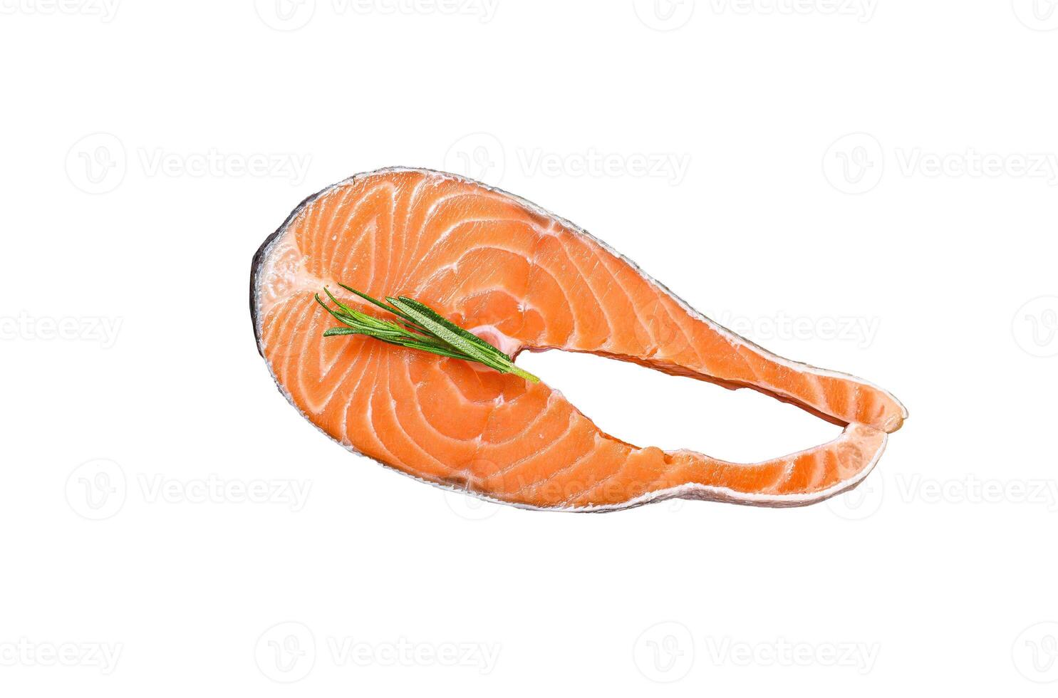 Salmon raw fish steak prepared for cooking Isolated on white background. Top view. photo