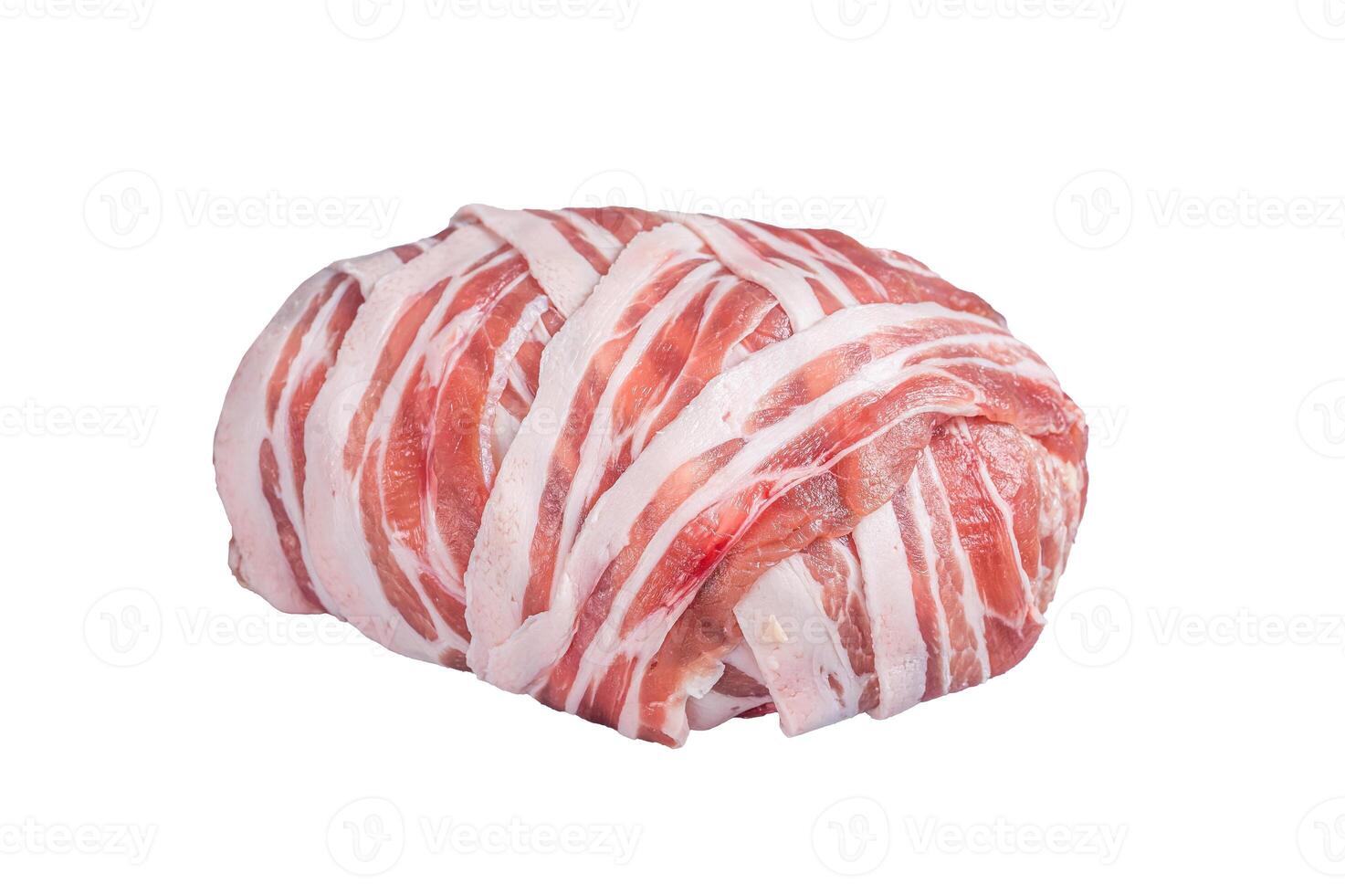 Classic raw meatloaf with ground beef meat and bacon, uncooked meat loaf. Isolated on white background photo