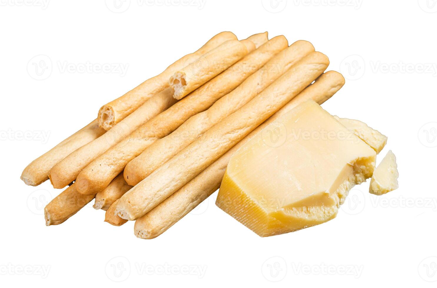 Traditional italian appetizer grissini bread sticks on wooden board with olives and parmesan cheese. Isolated, white background. photo