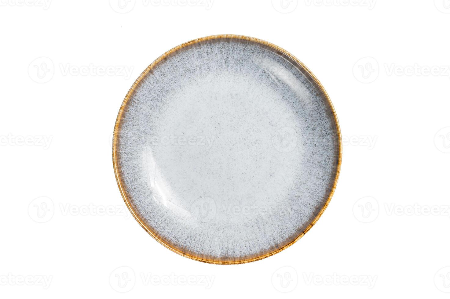 Food cooking background, empty white craft plate on table. Table setting. Isolated on white background photo
