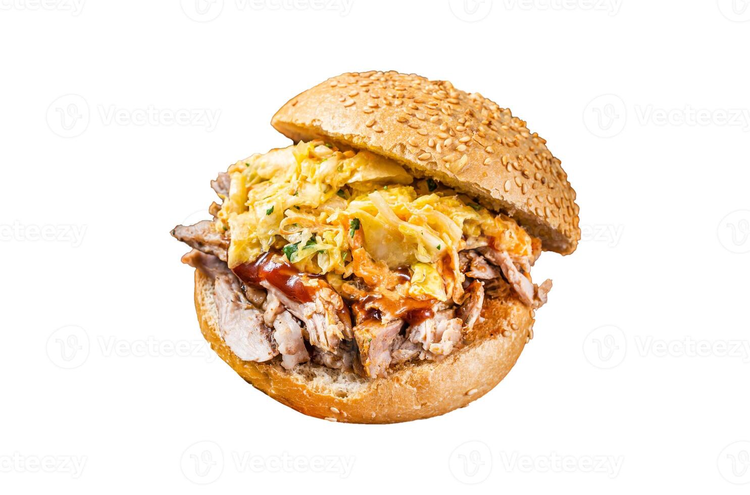 Pulled Pork meat Hamburger with coleslaw salad. Isolated on white background, top view. photo