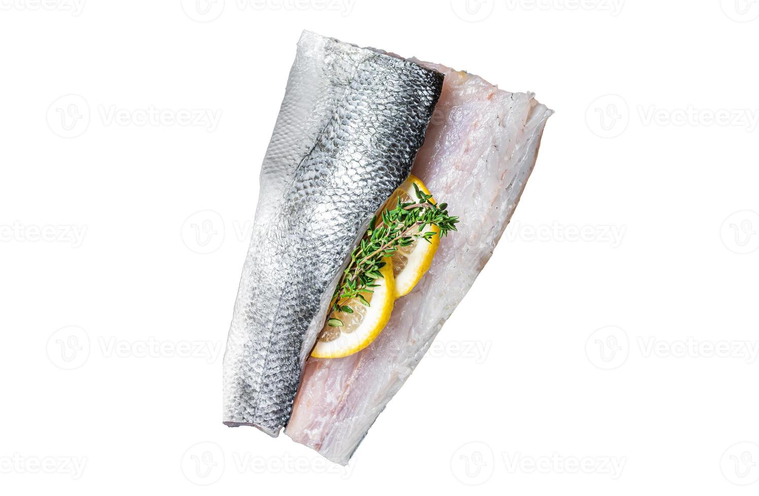 Sea Bass fillets, Raw Seabass fish with thyme, pink salt and lemon on marble board. Isolated, white background. photo