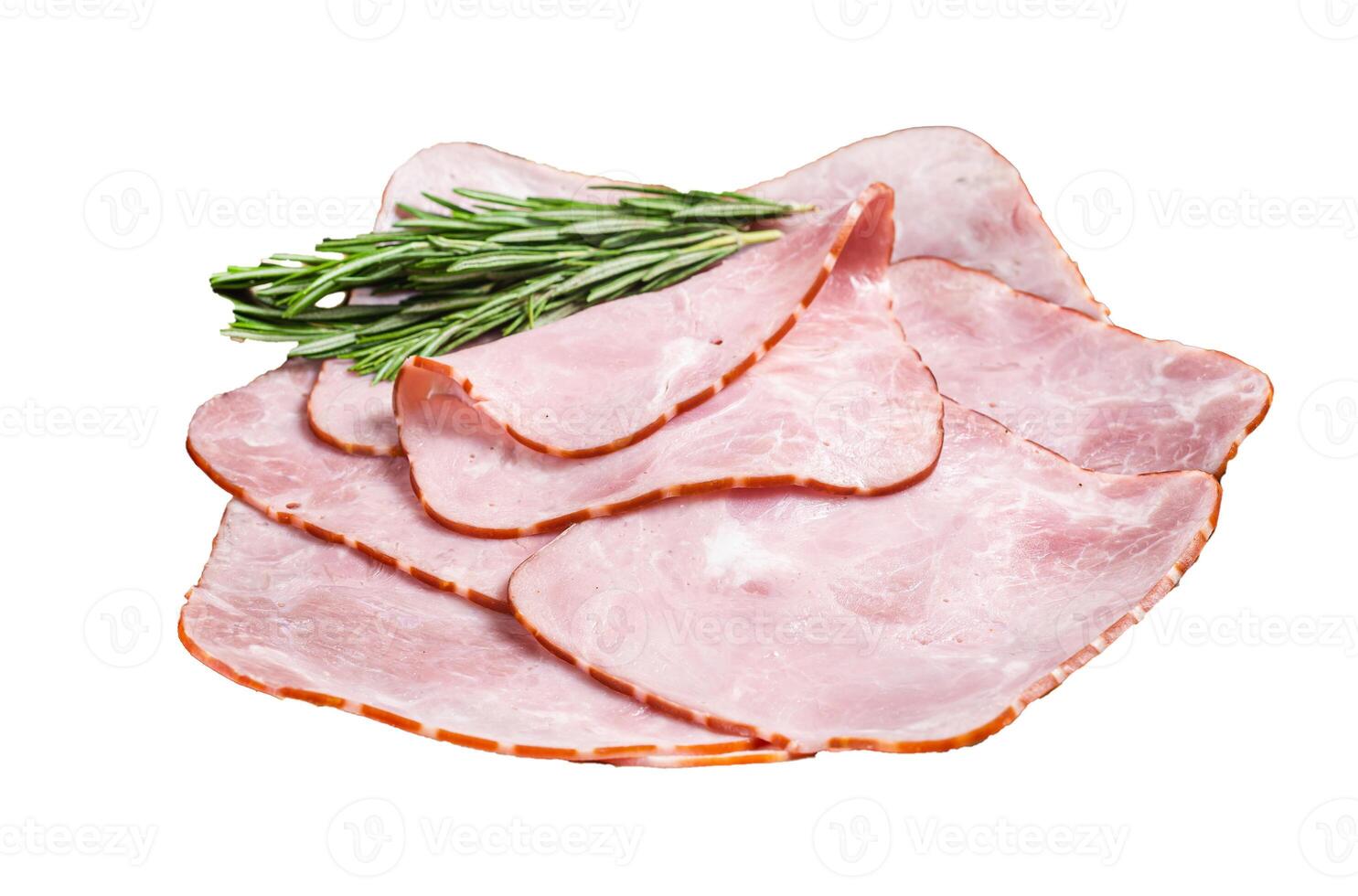 Square Sliced pork meat ham on plate. Isolated, white background. photo
