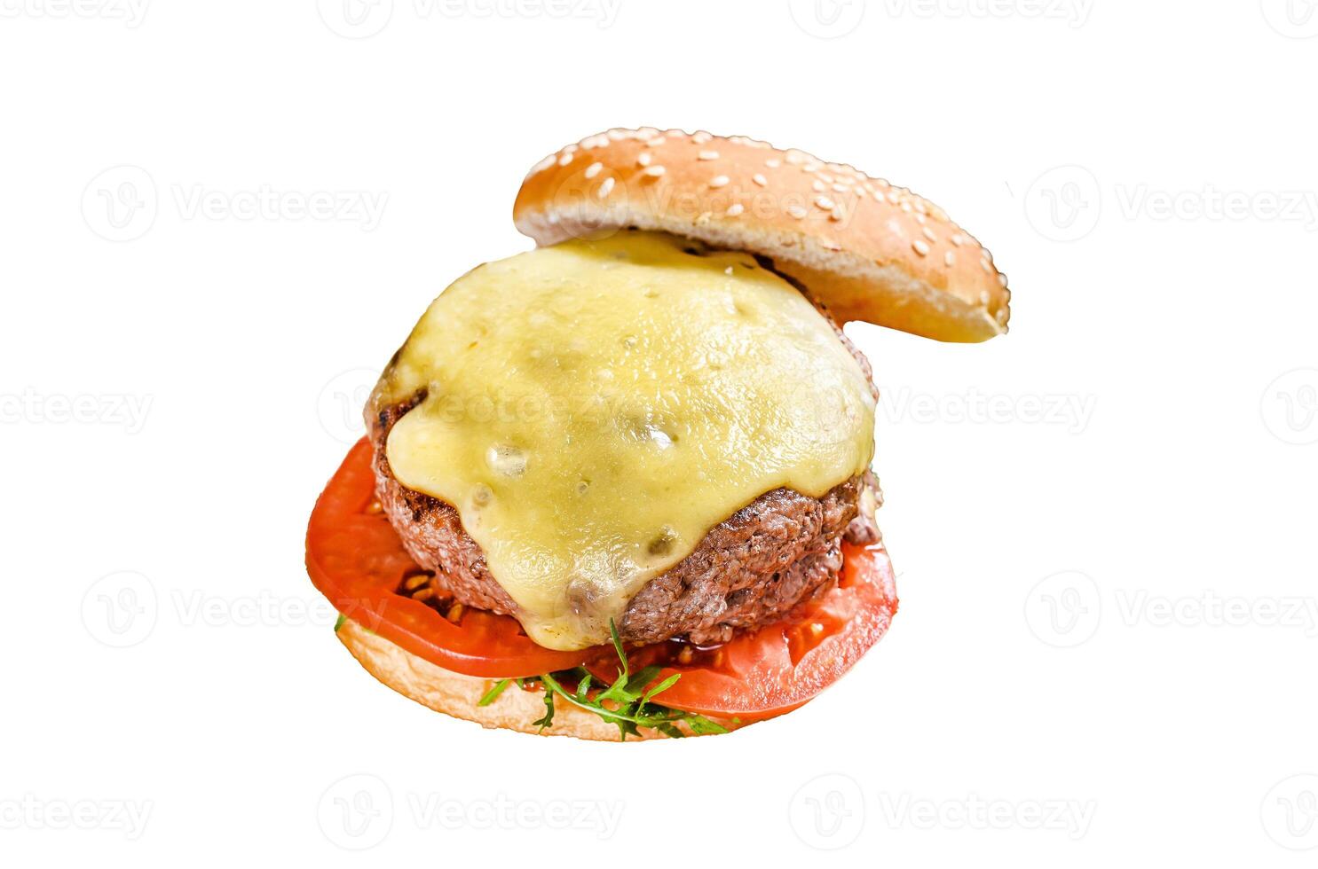 Big sandwich burger with beef, tomato, cheese and arugula. Isolated on white background, Top view. photo