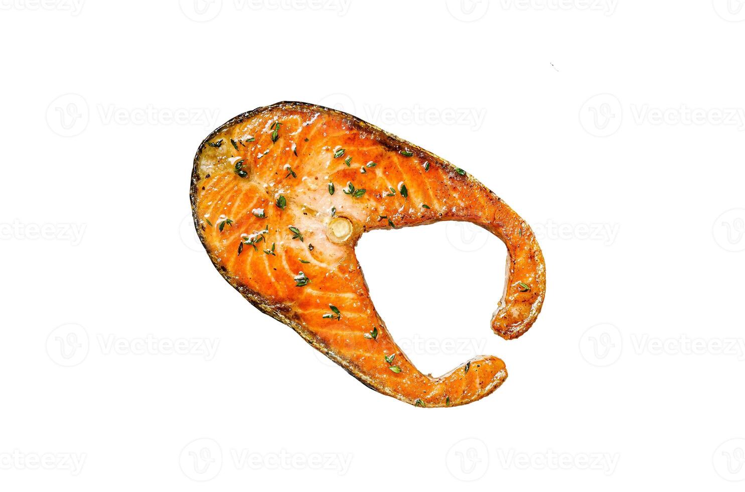 Grilled salmon steak Isolated on white background. Top view. photo