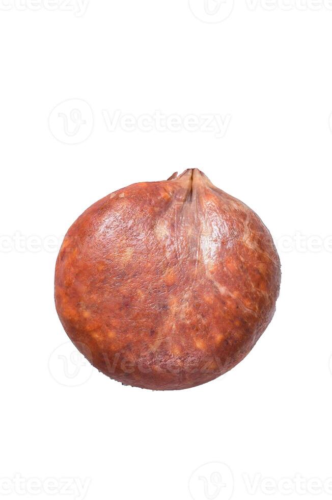 Sobrassada cured meat sausage from ground pork, paprika and spices. High quality Isolate, white background. photo
