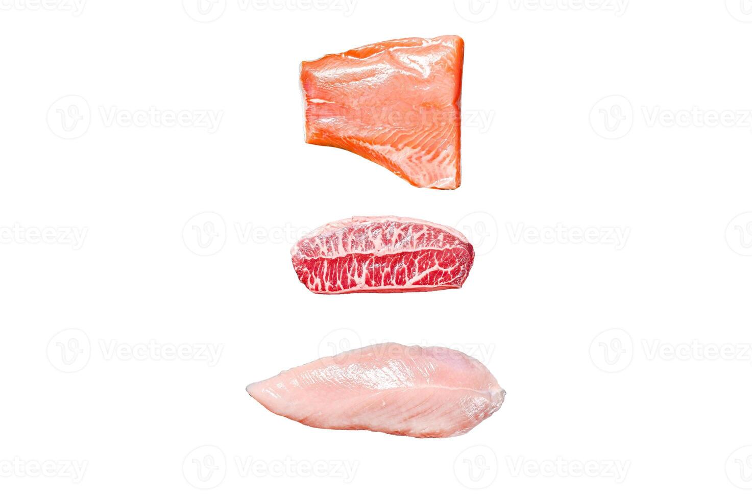 Raw steaks. Beef top blade, salmon fillet and Turkey breast. Organic fish, poultry and beef meat. Isolated on white background. Top view. photo