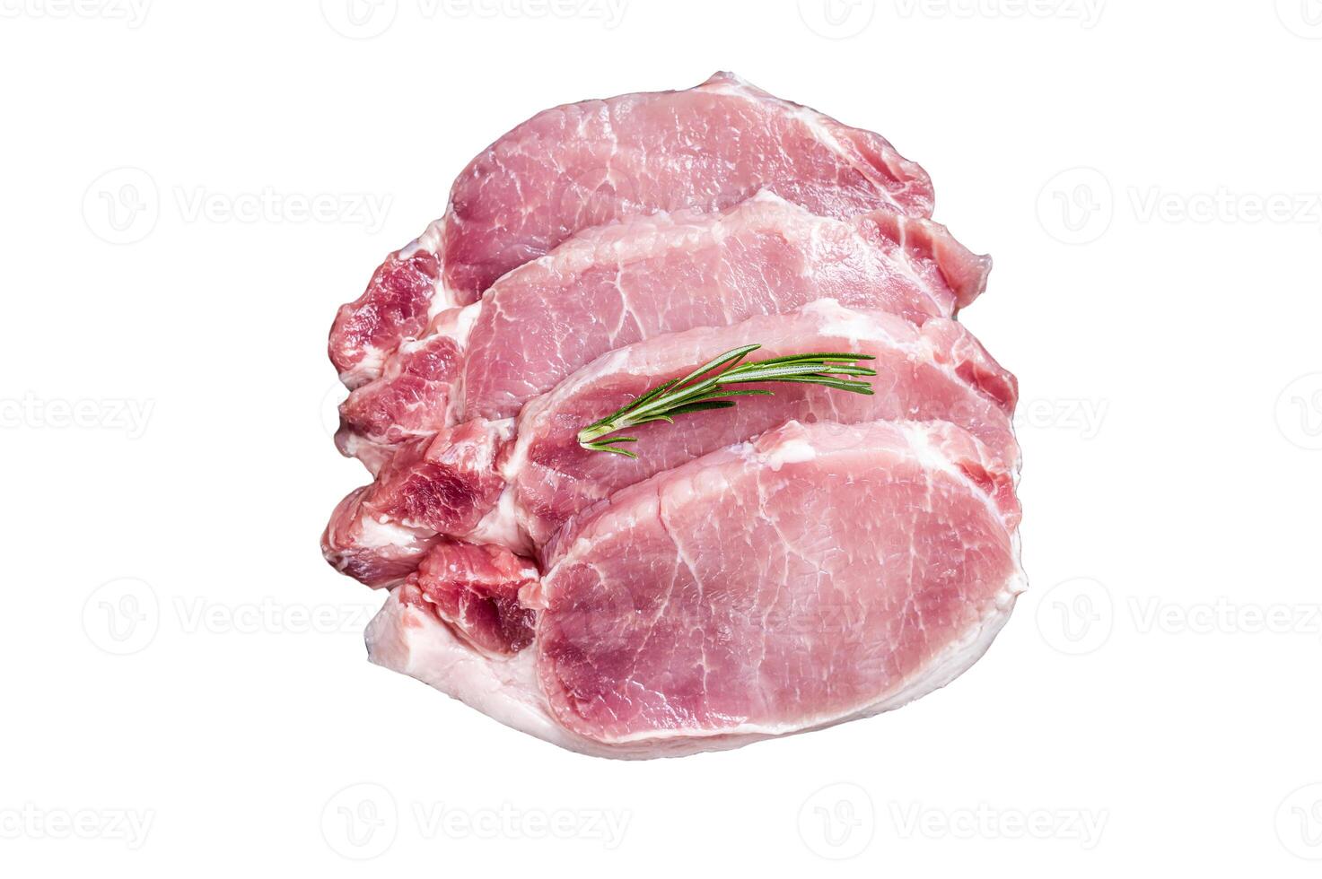 Raw pork chop steaks in steel tray with rosemary. Isolated on white background photo