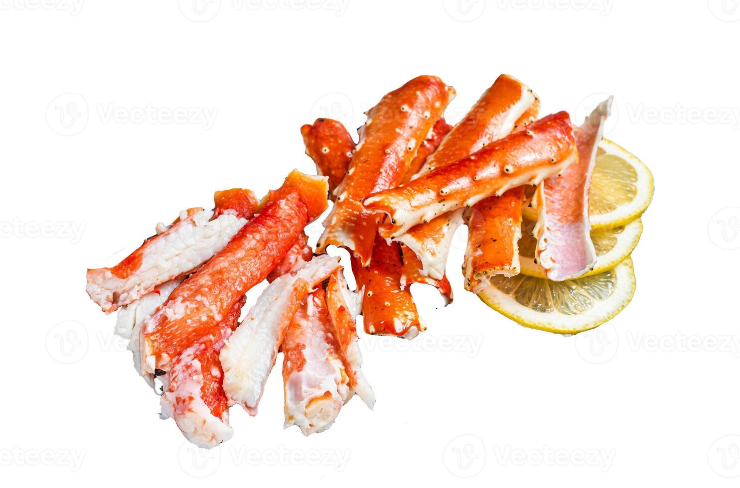 Cooked King Crab legs meat Isolated on white background, top view. photo