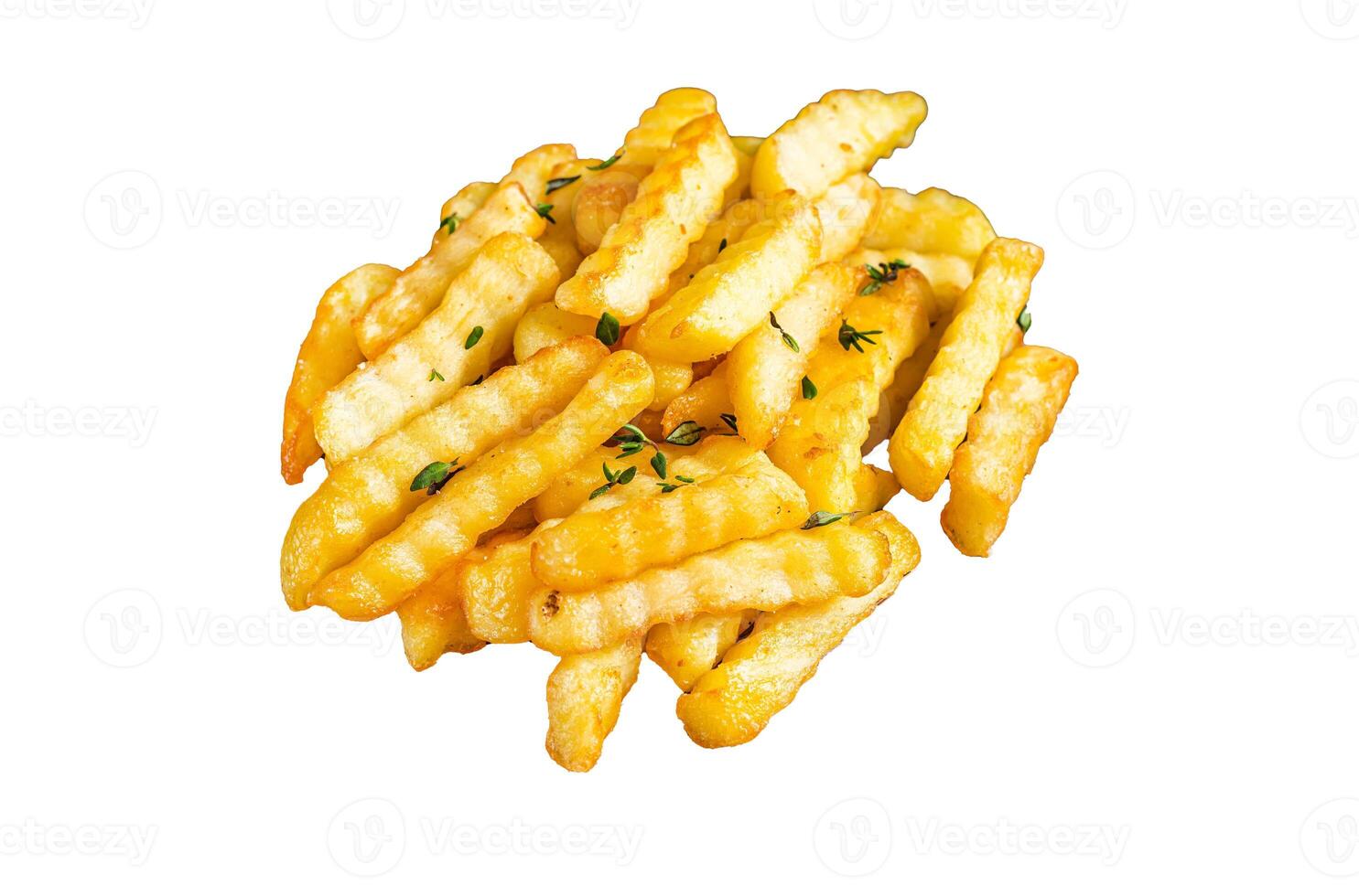 Baked Crinkle French fries potatoes sticks or chips Isolated on white background, top view. photo