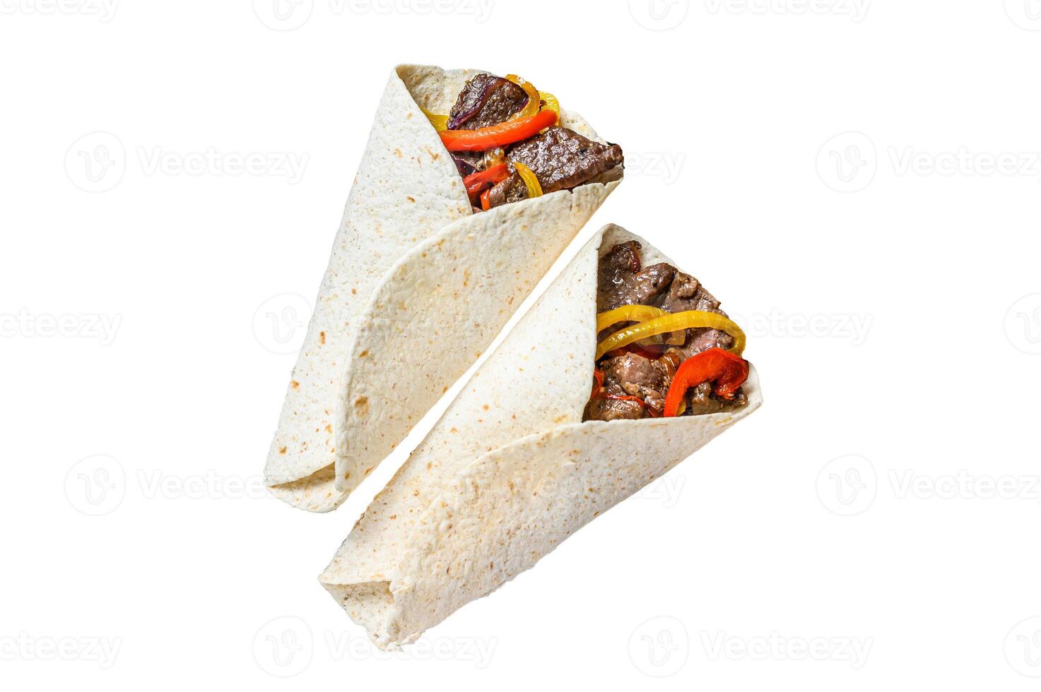 Fajitas Tortilla wrap with beef meat stripes, colored bell pepper and onions and salsa. Isolated on white background. photo