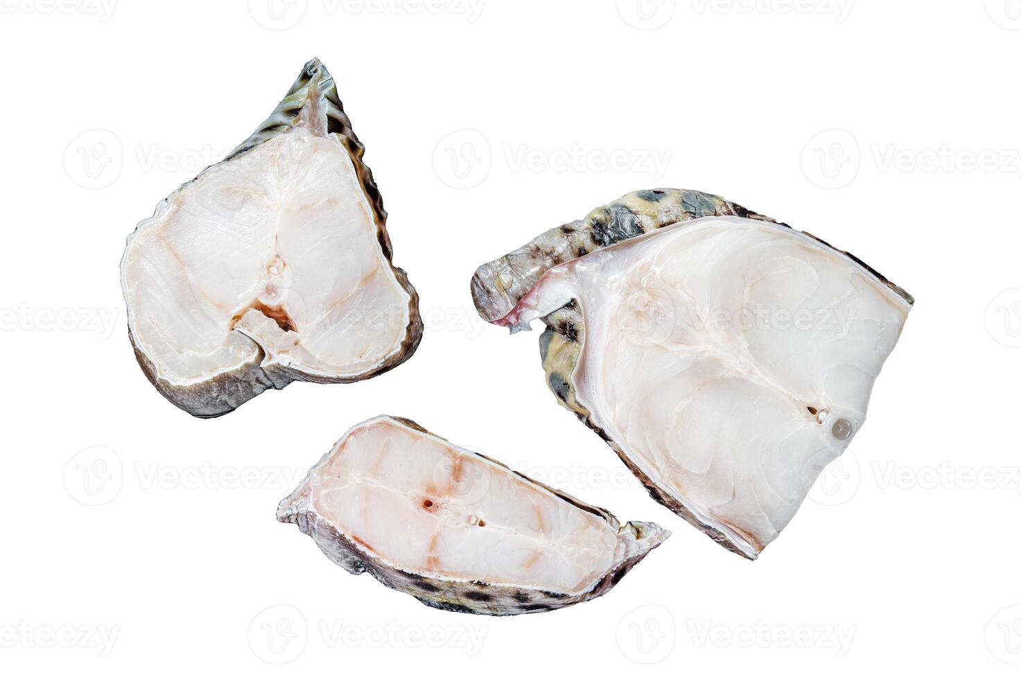 Raw atlantic wolffish fish Steak. Isolated on white background, top view. photo