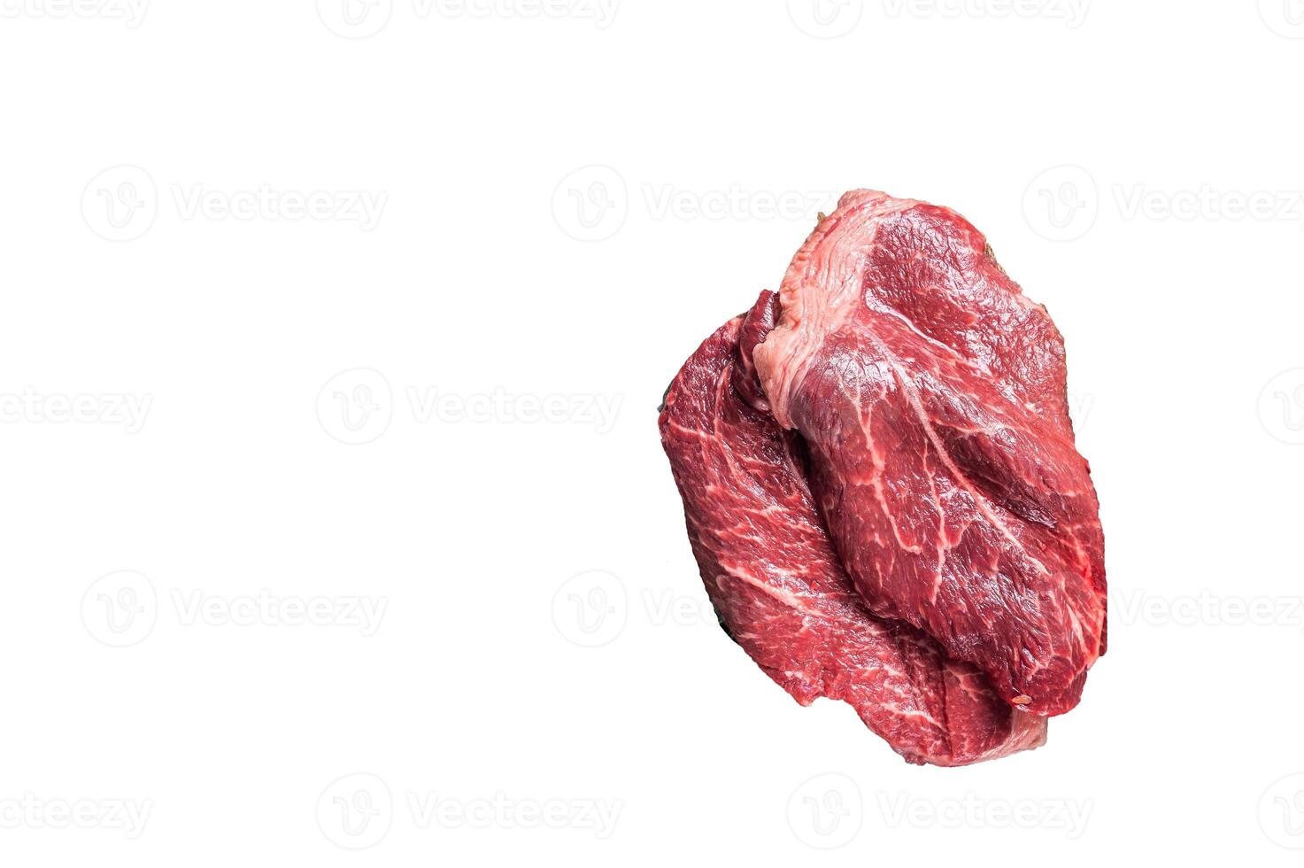 Fresh raw beef meat sirloin steaks, herbs and spices around cutting board. High quality Isolate, white background. photo