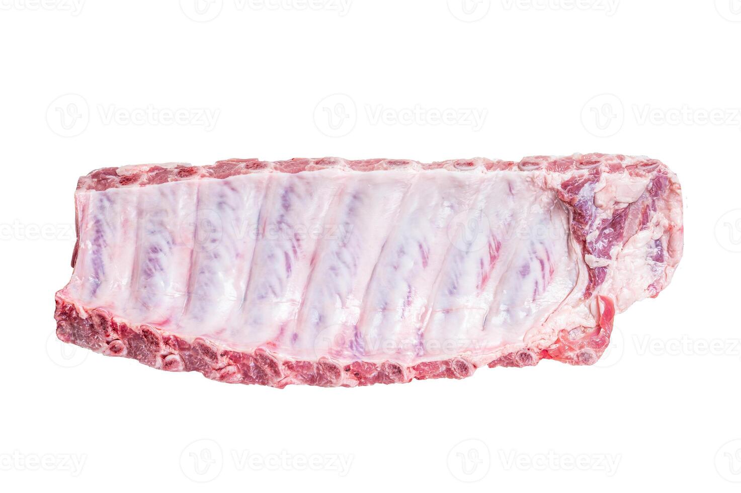 Raw rack of pork spare ribs. Isolated on white background. photo
