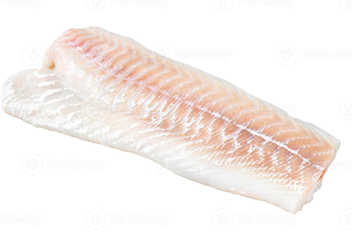 Raw Norwegian skrei cod fish fillet. Isolated on white background. Top view. photo
