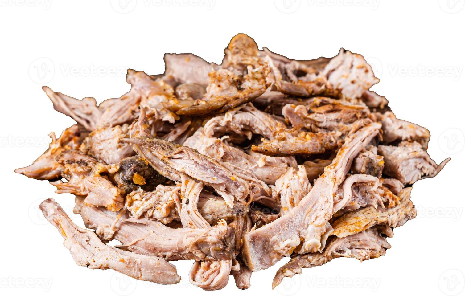 Slow cooked puilled pork meat Isolated on white background, top view. photo